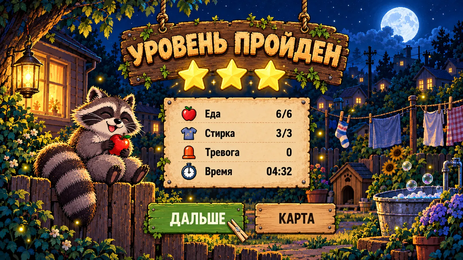 Экран Уровень пройден, три звезды